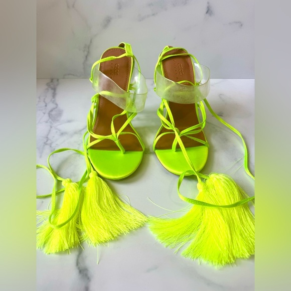 ASOS Neon Green Satin Lace-Up Heels – Clear Strap Stiletto Sandals, Size 7 NWT - Picture 2 of 5